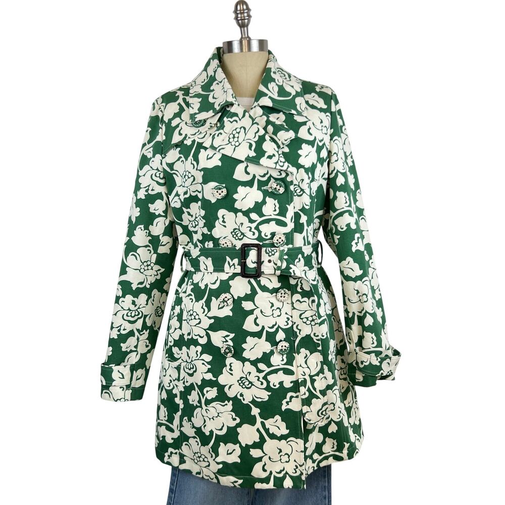 Merona Green White Floral Collared Button Front Tie Waist Long Jacket (Sz L)